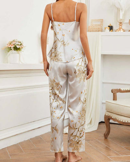 Conjunto de pijamas con estampado de cerezas pequeñas, pantalones con tirantes de primavera y verano, conjunto de dos piezas, pijama de seda fina de verano